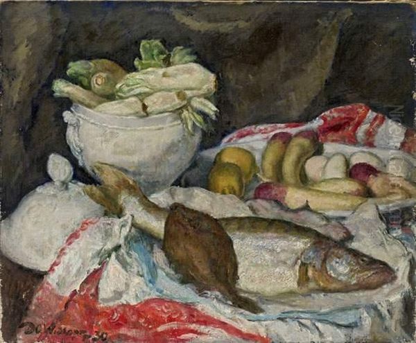 Still Life With Fish Oil Painting by David O. Widhopff