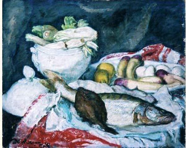 Nature Morte Aux Legumes Et Aux Poissons Oil Painting by David O. Widhopff