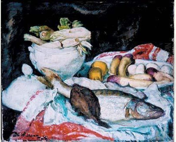 Nature Morte Aux Legumes Et Aux Poissons (1930) Oil Painting by David O. Widhopff