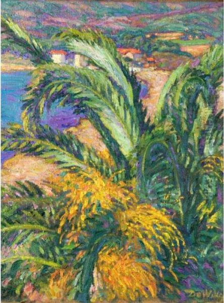 Mediterranean Coastline With Palm Trees Oil Painting by David O. Widhopff