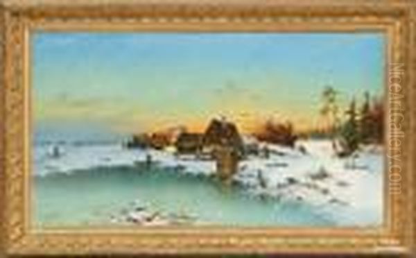 Sunset In A Winterlandscape Oil Painting by Leonard Wiedh