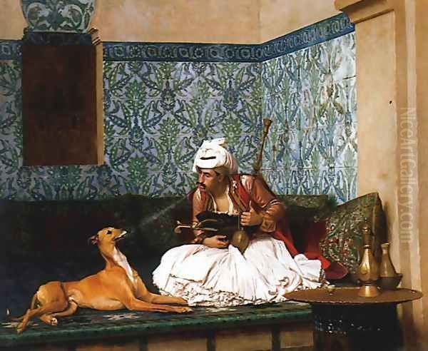 Une Plaisanterie (A Joke) (or Arnaut blowing Smoke at the Nose of his Dog) Oil Painting by Jean-Leon Gerome