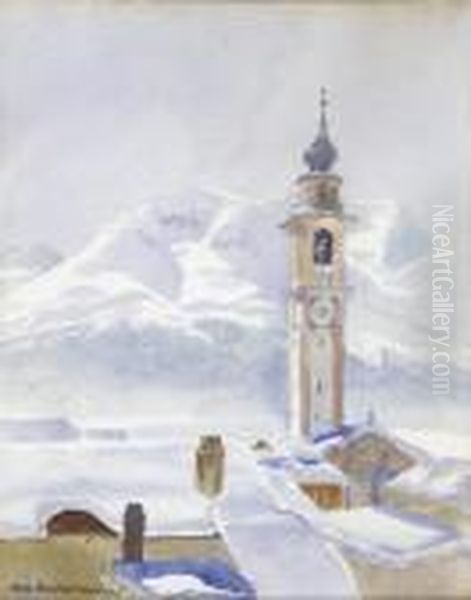 Der Kirchenturm Von Samaden Oil Painting by Hans Beat Wieland