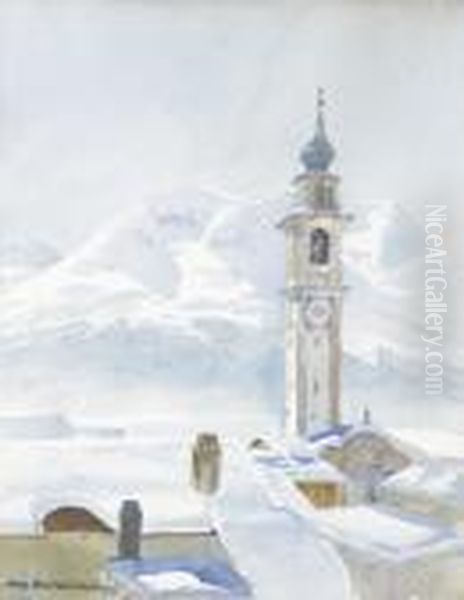 Der Kirchturm Von Samedan Oil Painting by Hans Beat Wieland