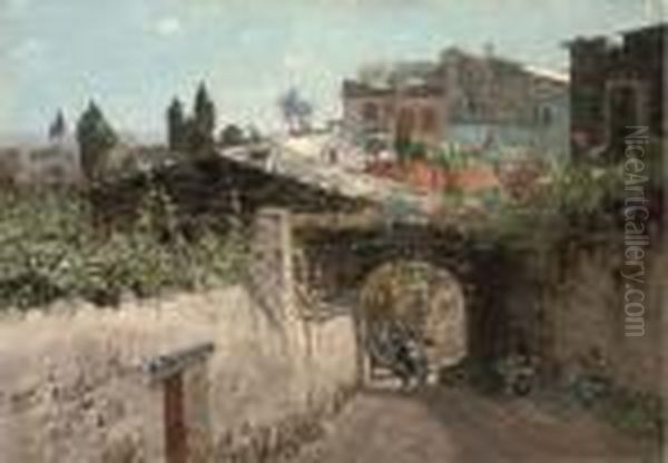 A Man With His Donkey Leaving A Southern Italian Town Oil Painting by Manuel Wielandt