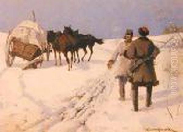 Wypadek W Podrozy, Ok. 1900 Oil Painting by Karol Wierusz-Kowalski