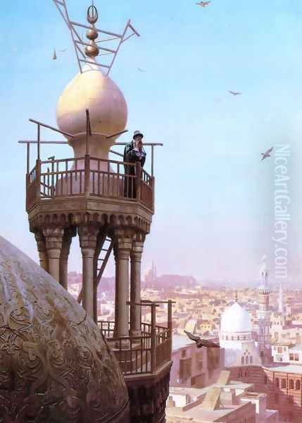 Un Muezzin Appelant du Haut du Minaret les Fidèles à la Prière (A Muezzin Calling from the Top of a Minaret the Faithful to Prayer) Oil Painting by Jean-Leon Gerome