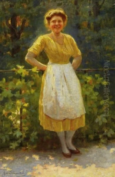 Young Woman In The Sunshine In Front Of A Forest Landscape Oil Painting by Franz Wiesenthal