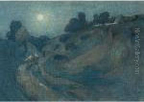 Cattle In A Hilly Landscape At Moonlight Oil Painting by Dirk Wiggers