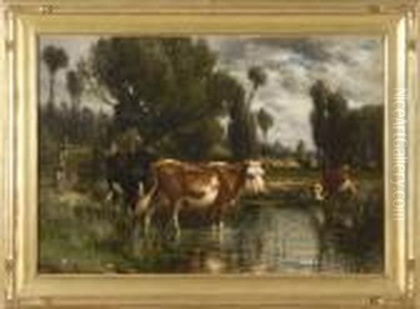 Cows In A Marshy Stream With Distant Fence And Trees Oil Painting by John Carleton Wiggins