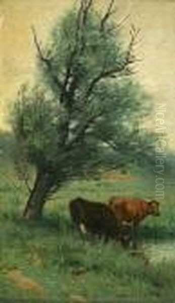 Cows Under A Tree Oil Painting by John Carleton Wiggins