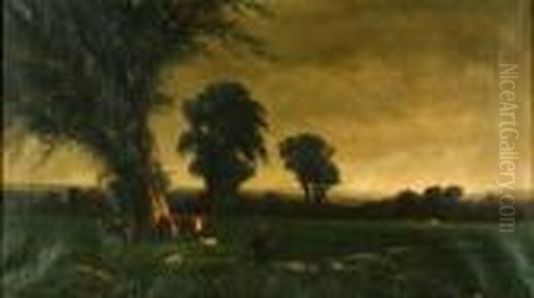 Cattle And Sheep In An Upland Pasture, Purportedly Prospect Park In Brooklyn Oil Painting by John Carleton Wiggins