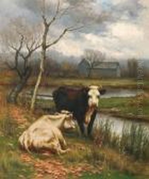 Cattle Resting Near A Pond Oil Painting by John Carleton Wiggins