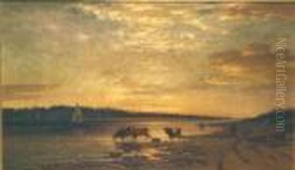 Cattle Watering At Sunset Oil Painting by John Carleton Wiggins