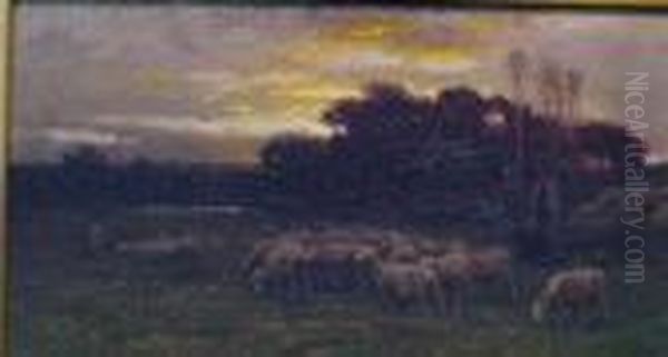 Sheep Grazing At Sunrise Oil Painting by John Carleton Wiggins