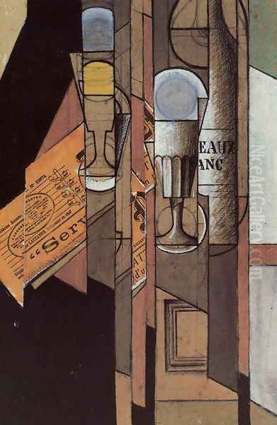 Glasses, Newspaper and Bottle of Wine Oil Painting by Juan Gris