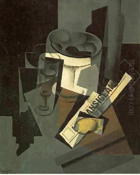 Fruit Dish Glass And Lemon Still Life With Newspaper Oil Painting by Juan Gris