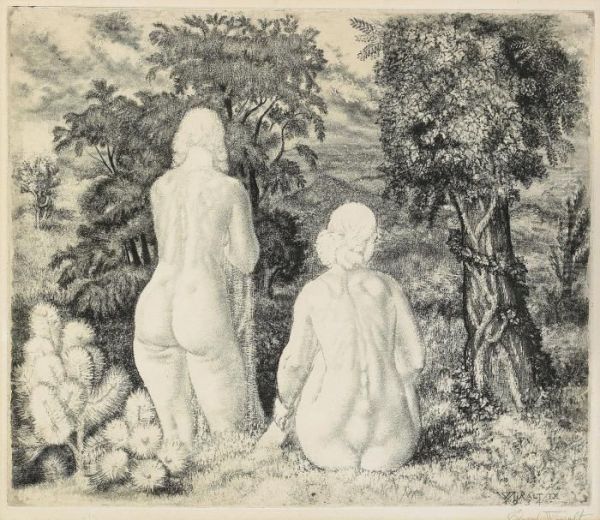 Nudes In Landscape Oil Painting by Eduard Wiiralt