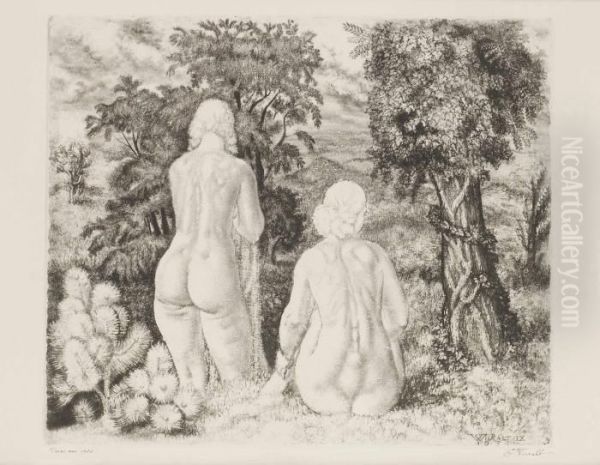 Nudes In Landscape (aktid Maastiku Taustal) Oil Painting by Eduard Wiiralt