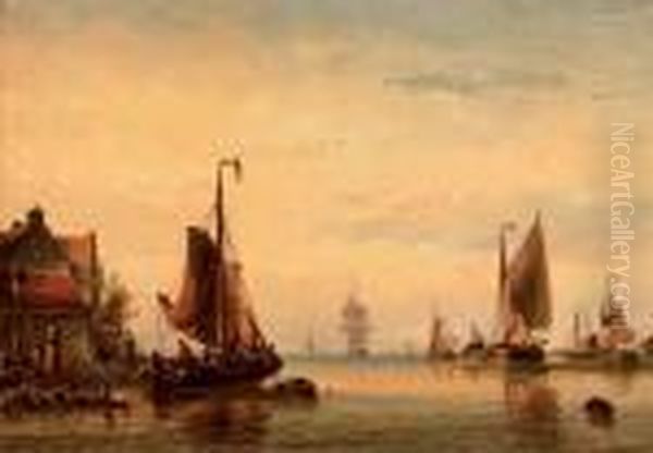 Shipping On A Calm Estuary Oil Painting by Nicolaas Martinus Wijdoogen