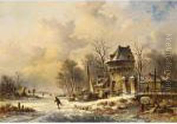 A Winter Landscape With Skaters Near A Village Oil Painting by Nicolaas Martinus Wijdoogen