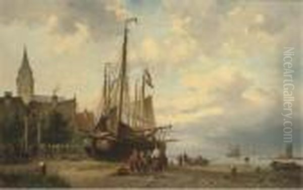 Fishermen Along A Shoreline By A Village Oil Painting by Nicolaas Martinus Wijdoogen