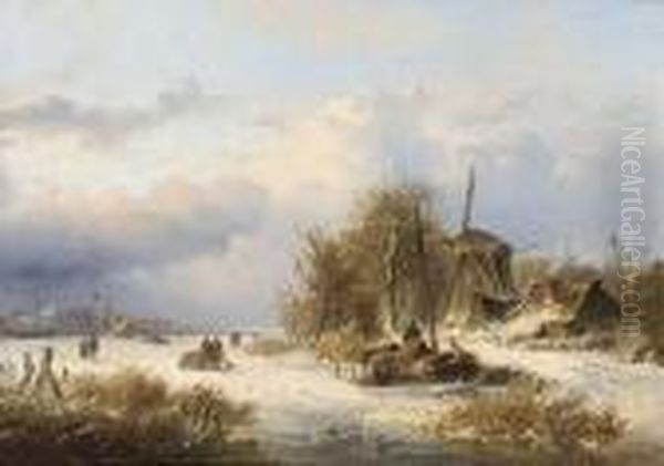 Windmill In A Winter Landscape Oil Painting by Nicolaas Martinus Wijdoogen