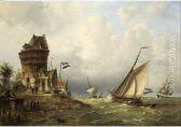 Dutch Sailing Vessels Near The Coast Oil Painting by Nicolaas Martinus Wijdoogen