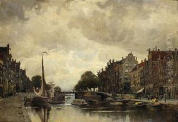 Korte Prinsengracht With The Eenhoorn Lock And The Westerdokbeyond, Amsterdam Oil Painting by Jan Hillebrand Wijsmuller