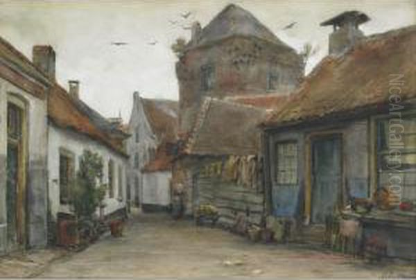 Washday In A Dutch Laneway Oil Painting by Jan Hillebrand Wijsmuller