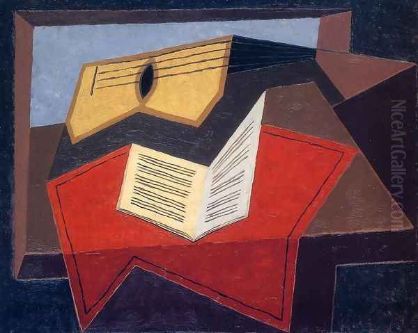 Guitar And Music Paper Oil Painting by Juan Gris