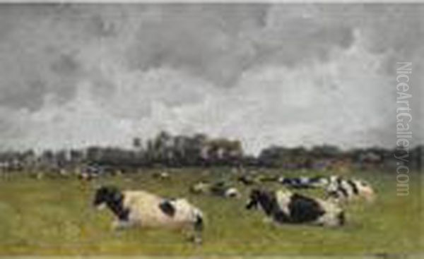 Cows At Pasture Oil Painting by Jan Hillebrand Wijsmuller