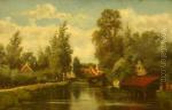 Dorpje Aan De Rivier. Gesigneerd Oil Painting by Jan Hillebrand Wijsmuller