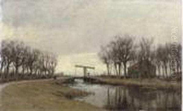 A Drawbridge Over A Stream Near Ouderkerk Oil Painting by Jan Hillebrand Wijsmuller