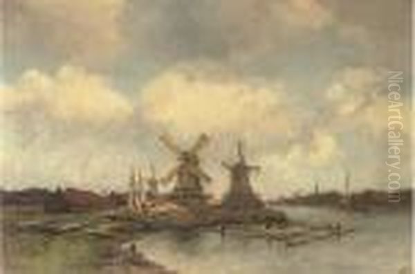 Windmills At The Zaanse Schans Oil Painting by Jan Hillebrand Wijsmuller