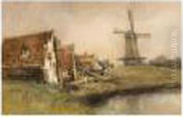 Houses And A Windmill In A Riverlandscape Oil Painting by Jan Hillebrand Wijsmuller