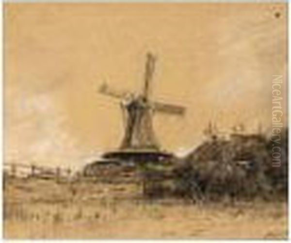 A View Of A Farm And Windmill Oil Painting by Jan Hillebrand Wijsmuller