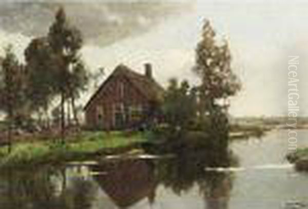 A Farm Near The Waterside Oil Painting by Jan Hillebrand Wijsmuller