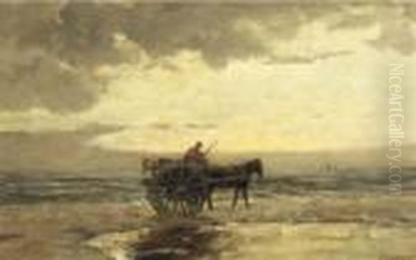 Gathering Shells At Dusk Oil Painting by Jan Hillebrand Wijsmuller