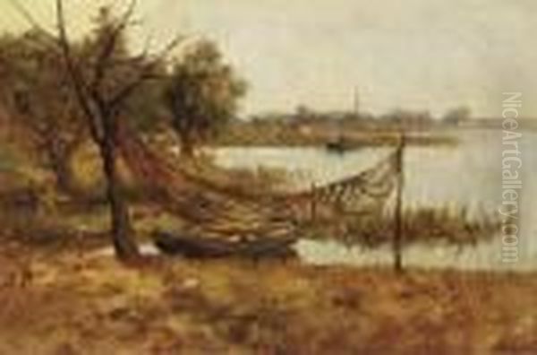 Fishing Nets Drying In A Polder Landscape Oil Painting by Jan Hillebrand Wijsmuller