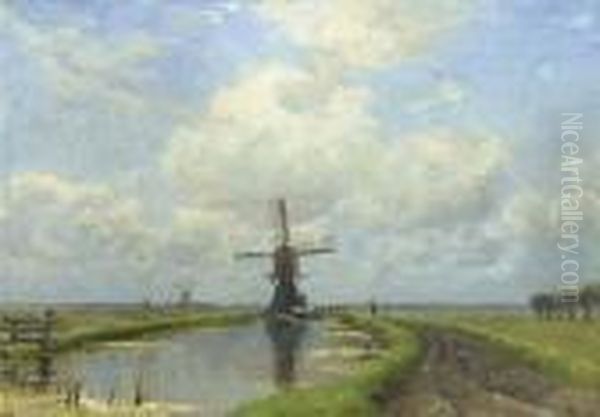 Windmills In A Polder Landscape Oil Painting by Jan Hillebrand Wijsmuller