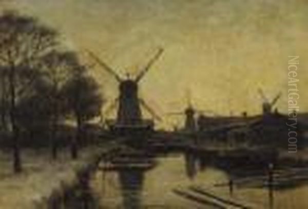 Windmills In Winter Oil Painting by Jan Hillebrand Wijsmuller