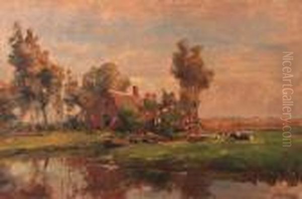 A Sunlit Farmyard Along A Canal Oil Painting by Jan Hillebrand Wijsmuller