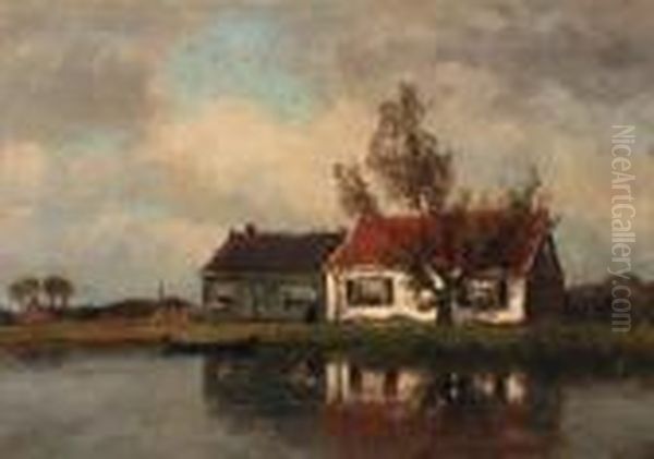 A Farm Along A River Oil Painting by Jan Hillebrand Wijsmuller