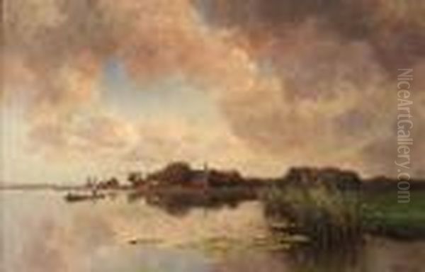 An Angler In A Polder Landscape Oil Painting by Jan Hillebrand Wijsmuller