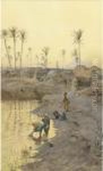 Watercarriers Before The Pyramids At Dusk Oil Painting by Charles Wilda