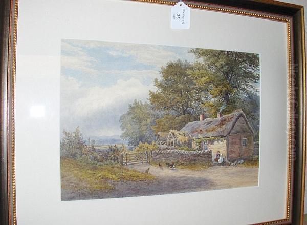 Mother And Child By A Thatched Cottage;shepherd With Sheep On A Lane Oil Painting by William Wilde