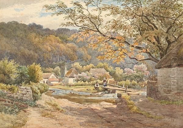 River And Hamlet With Figures By A Footbridge Oil Painting by William Wilde