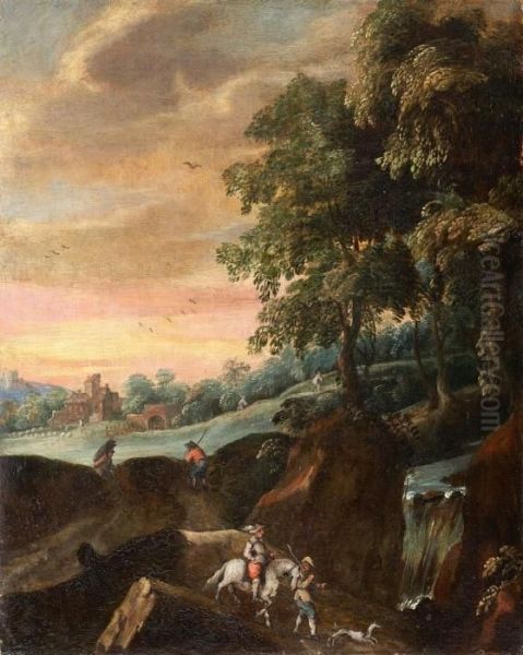 Landschaft Mit Wasserfall Und Staffagefiguren Oil Painting by Jan Wildens