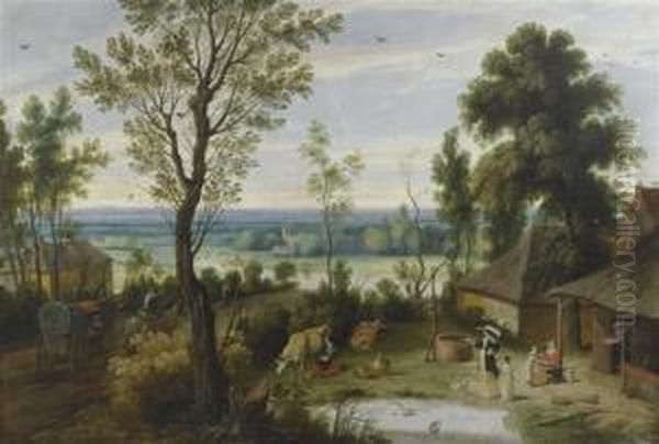 Landscape With An Elegant Lady Visiting A Farmyard. Oil Painting by Jan Wildens